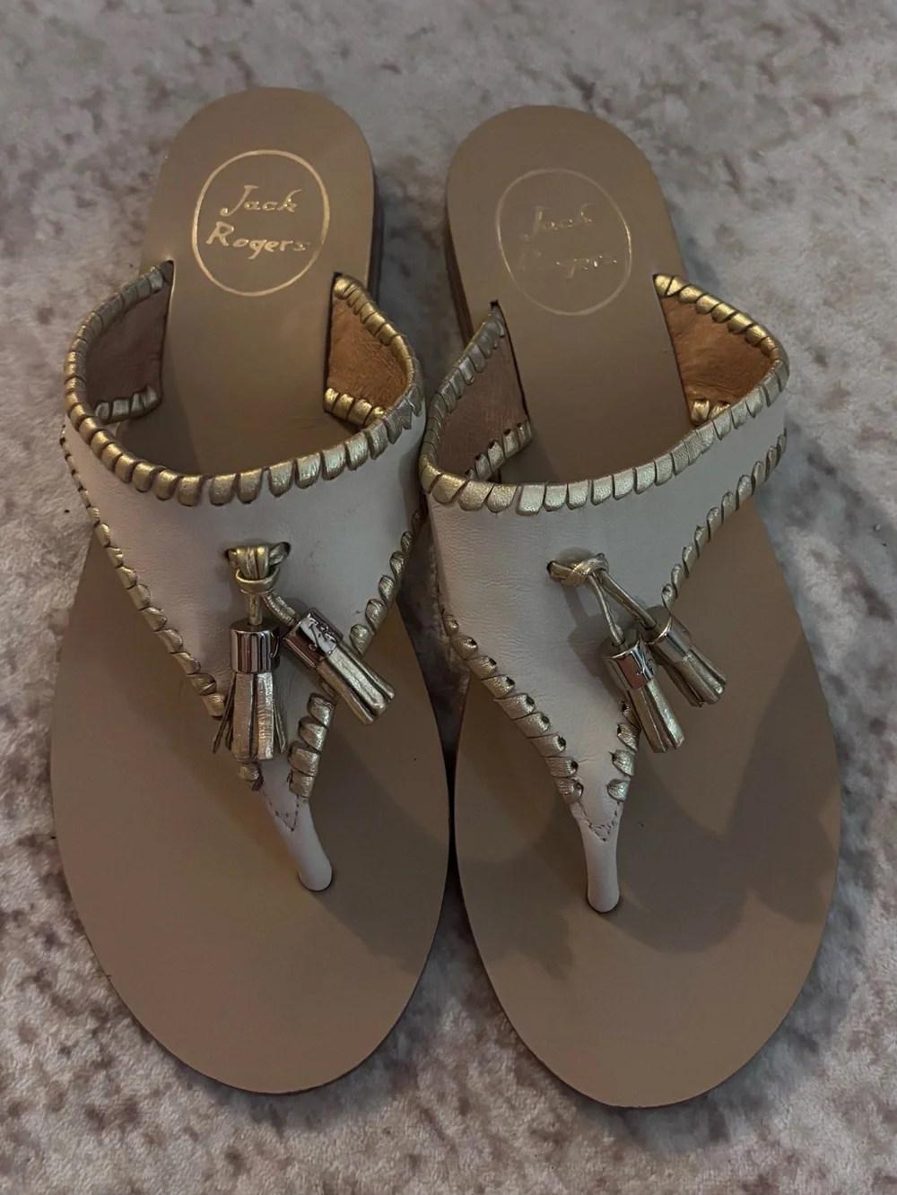 Jack Rogers Alana Bone Gold Leather Tassel Thong Sandals Size 8M